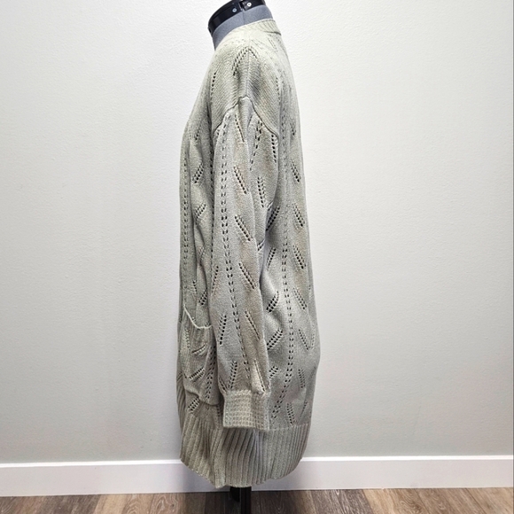 Pinque Stitch Fix Sage Green Textured Crochet Knit Open Cardigan Women's Medium - Picture 2 of 10